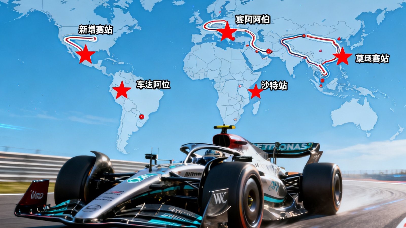 2025年F1赛历公布文章的配图，展示全球赛道地图和新增赛站的位置标记，一辆F1赛车在赛道上飞驰的侧影作为视觉焦点